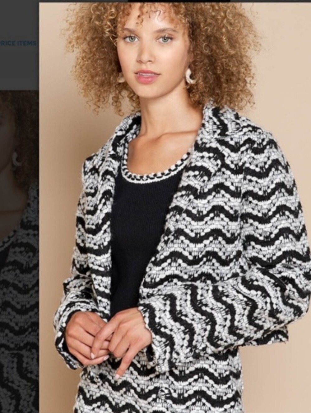 POL Long Sleeve Cropped Tweed Black & White Wave Knit Women's Jacket